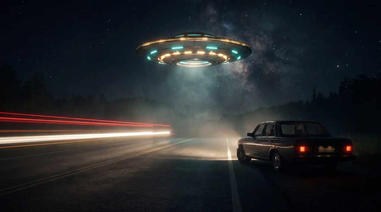 OVNI sobre una carretera nocturna, recreación del fenómeno de abducción extraterrestre