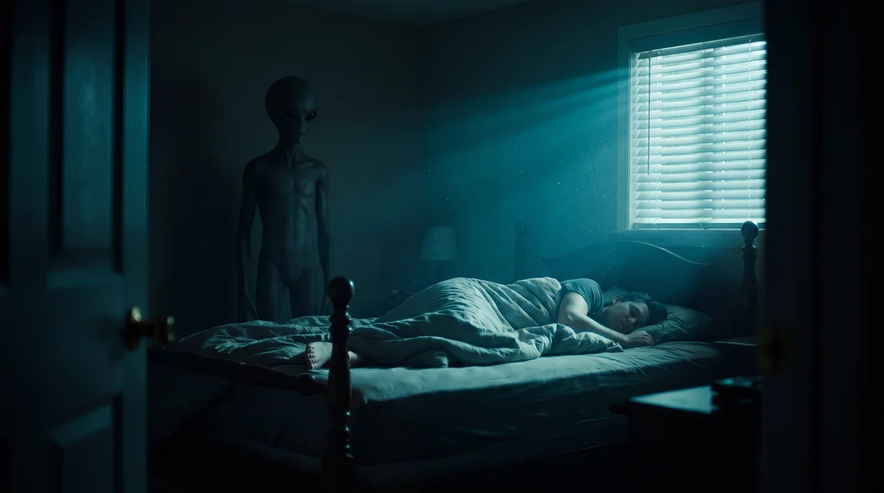 Visitante de dormitorio: una persona durmiendo y una figura junto a la cama